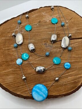 Layered Turquoise Disc & Silver Bead Necklace for Women